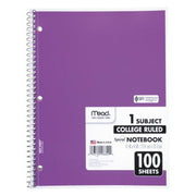 Mead Spiral Bound Notebook, College Rule 8 1/2 x 11, 100 sheets, Assorted Colors (Color Choice Not Available)