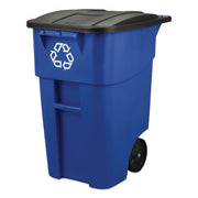 Rubbermaid Commercial BRUTE Recycling Rollout Trash Can with Hinged Lid, Blue (50 gal.)