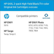 HP 64XL High Yield Original Inkjet Cartridge, Black/Tri-Color, 2 Pack
